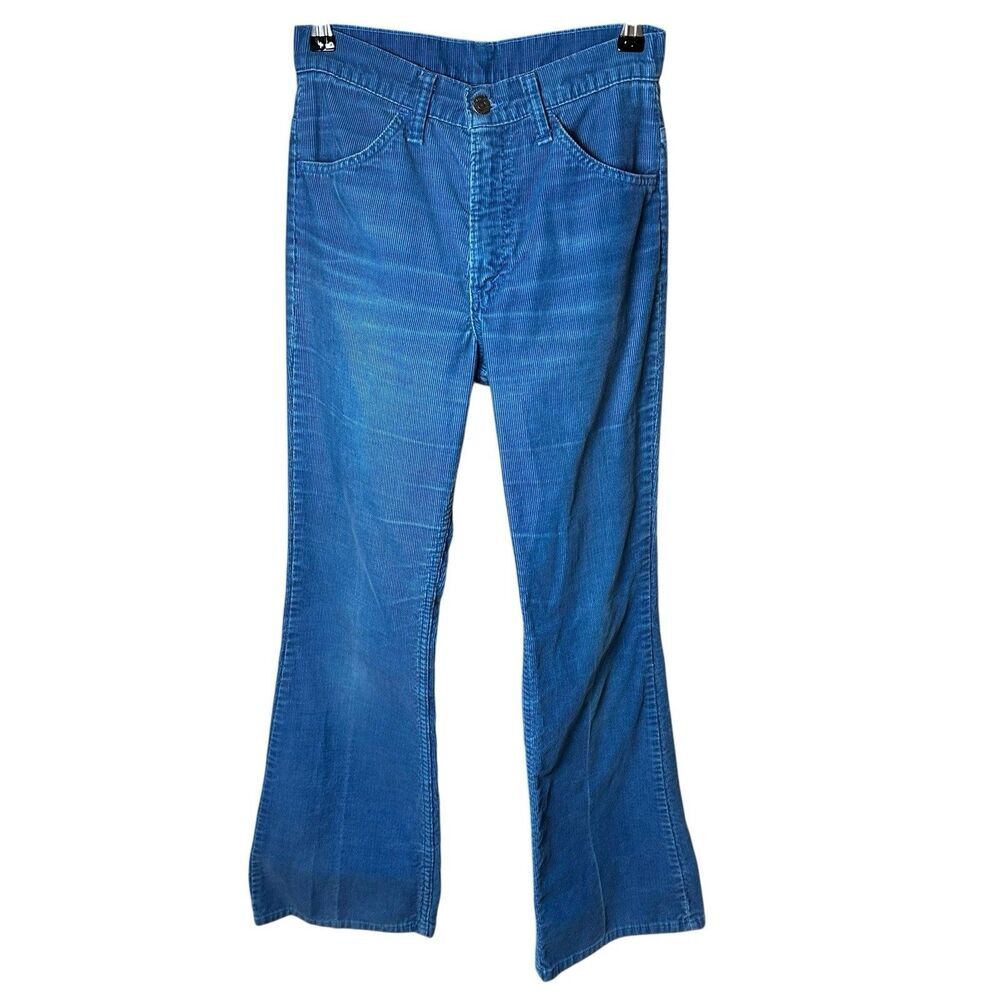 70s Vintage Levi's Blue Corduroy High Rise Flare Pants | Talon Zip Boho‎ Western